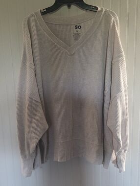 SO Men's V-Neck Waffle Knit Sweater in Light Beige